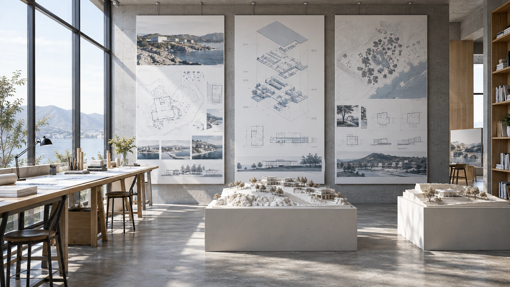 设计工作室表达：建筑图板、场地模型与展示台
